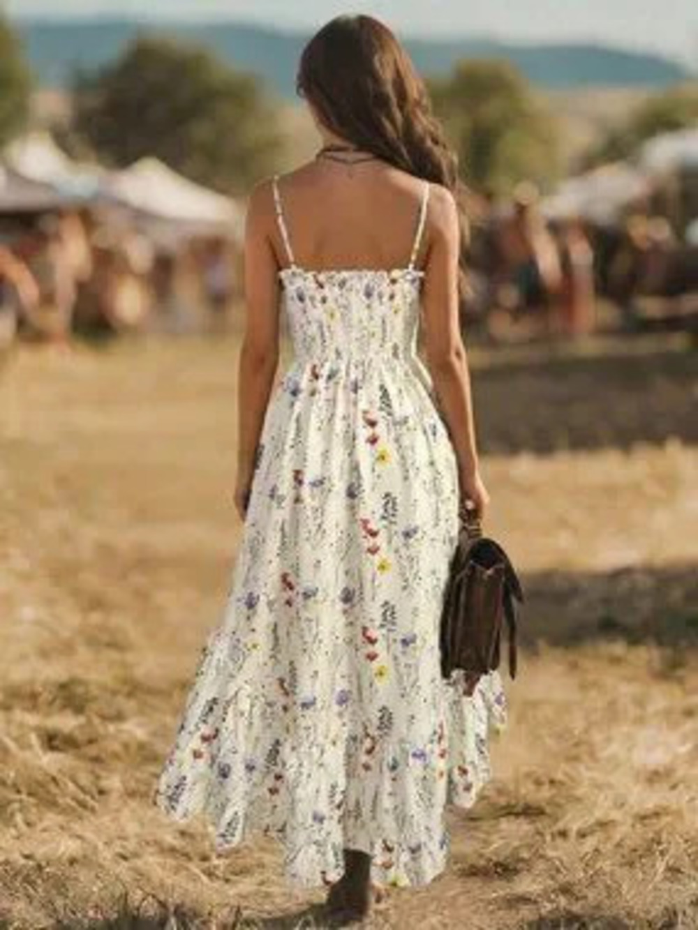 White Boho Women's Casual Floral Print Cinched Waist Midi Dress